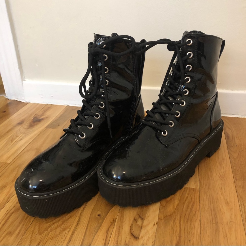 Black lug sole combat boots, size 11, brand name Divided